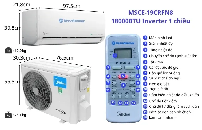 Thông số kỹ thuật điều hoà midea 18000BTU 1 chiều Inverter MSCE-19CRFN8